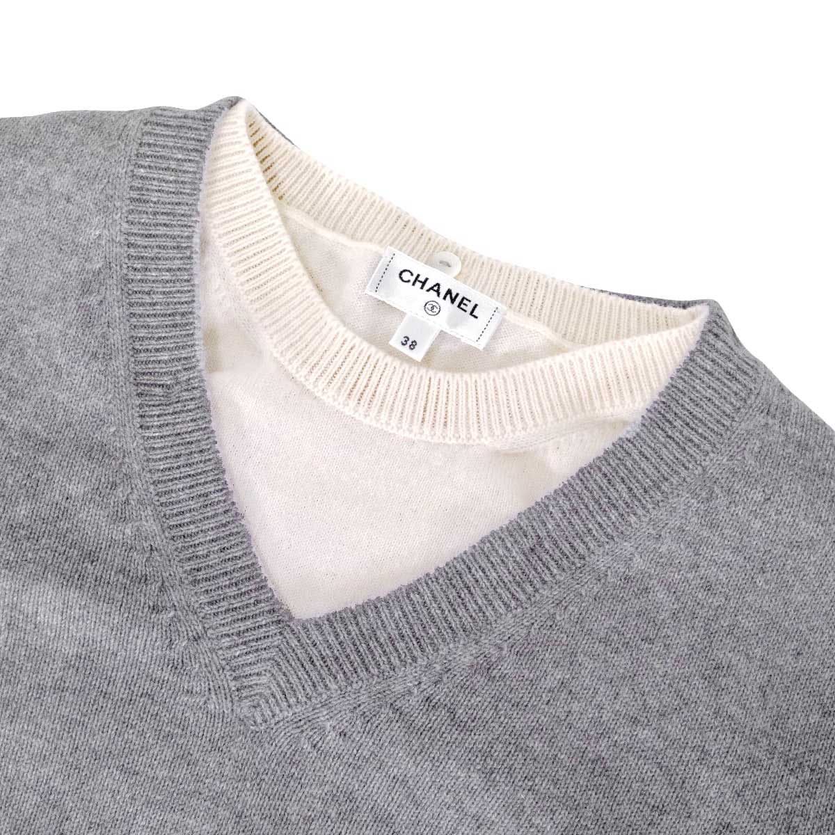 2026SS CHANEL Knit Pullover with COCO Mark Patch Grey/Blanc (White) Cashmere/Polyurethane/Nylon #38 P81315[EXCELLENT][Authentic]