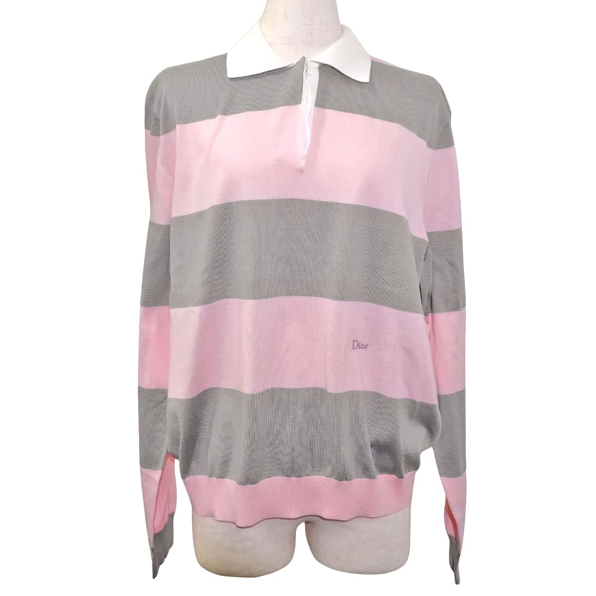 Dior Polo shirt Mariniere Long-Sleeved Top with Embroidery Pink/Grey Cotton #34 624S11A7072-X4801[EXCELLENT][Authentic]