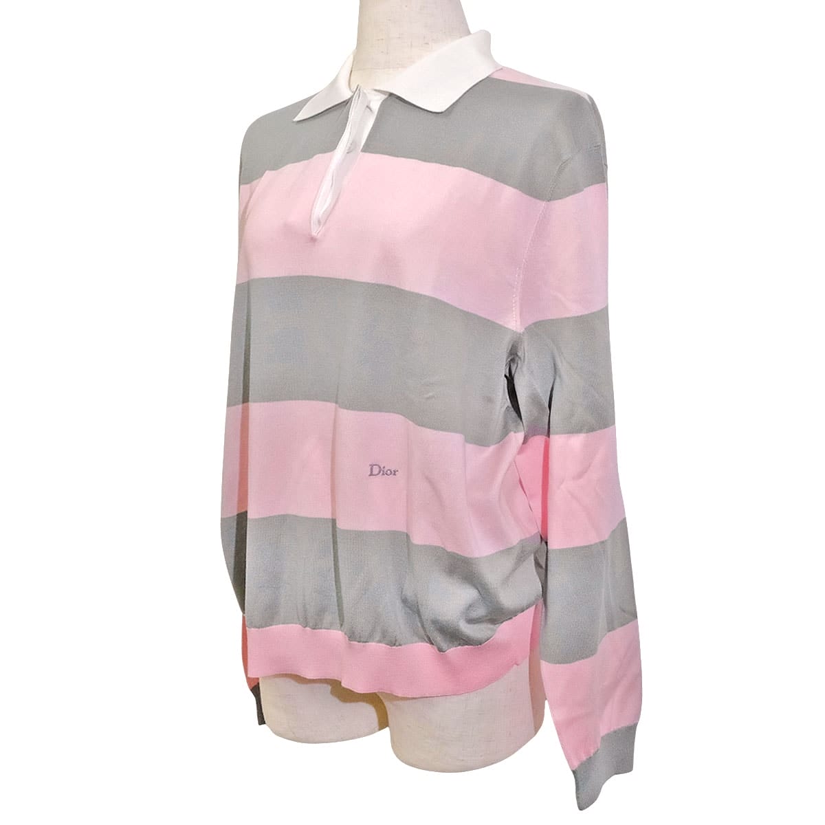 Dior Polo shirt Mariniere Long-Sleeved Top with Embroidery Pink/Grey Cotton #34 624S11A7072-X4801[EXCELLENT][Authentic]
