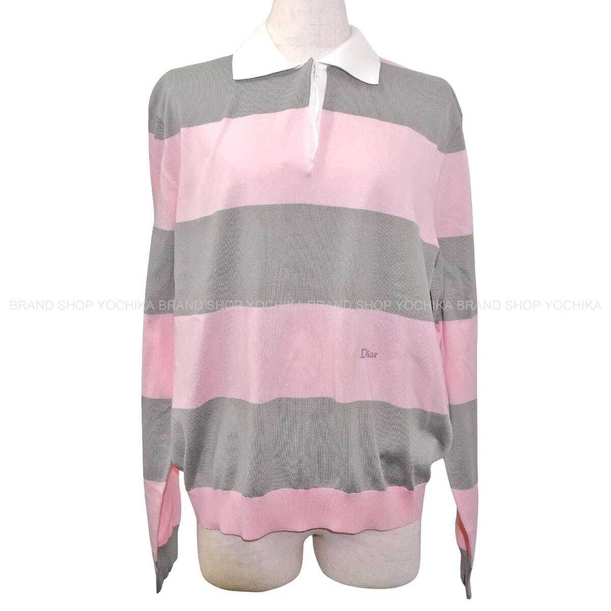 Dior Polo shirt Mariniere Long-Sleeved Top with Embroidery Pink/Grey Cotton #34 624S11A7072-X4801[EXCELLENT][Authentic]