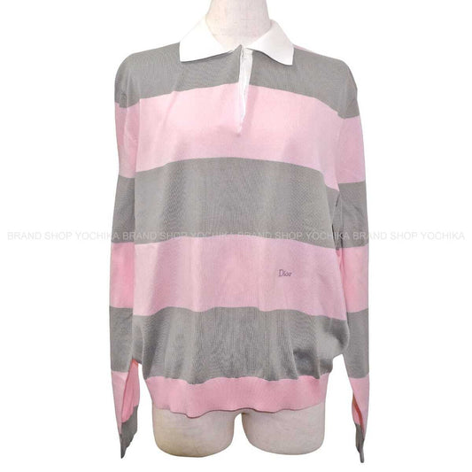 Dior Polo shirt Mariniere Long-Sleeved Top with Embroidery Pink/Grey Cotton #34 624S11A7072-X4801[EXCELLENT][Authentic]