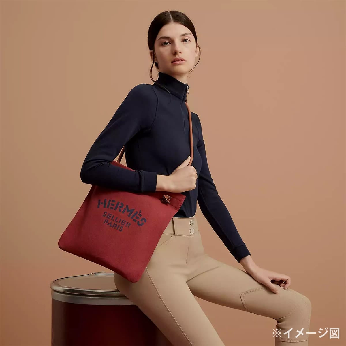HERMES Shoulder bag Sac Aline MM Rouge H/Gold Toile Chevrons/Veau Swift Silver HW Stamp K[EXCELLENT][Authentic]