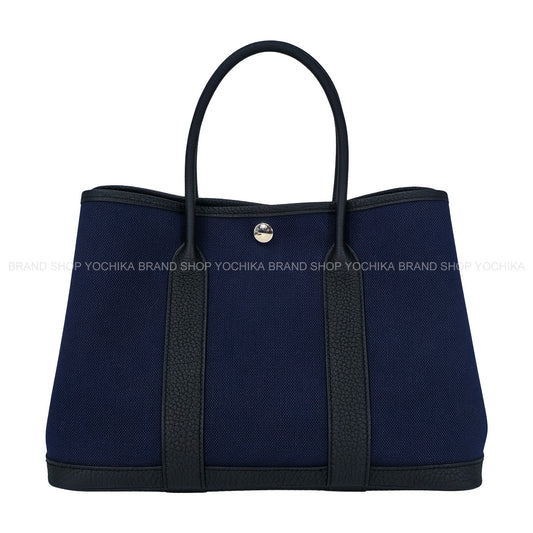 [Pre-loved] HERMES tote bag Garden Party 30 TPM Blue Marine/Noir (Black) Toile Militaire/Veau Negonda Silver HW Stamp K[LIKE NEW][Authentic]