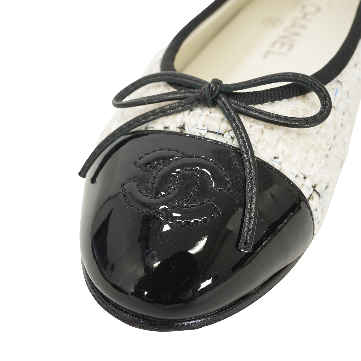 [Pre-loved] CHANEL ballet shoes(flat shoes) Flat Shoes Ballerinas Blanc (White)/Noir (Black) Tweed Patent Calfskin #36.5 G02819[LIKE NEW][Authentic]