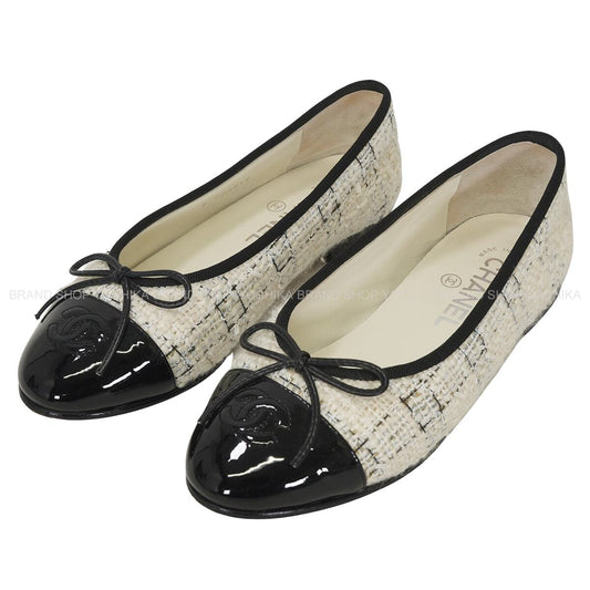 [Pre-loved] CHANEL ballet shoes(flat shoes) Flat Shoes Ballerinas Blanc (White)/Noir (Black) Tweed Patent Calfskin #36.5 G02819[LIKE NEW][Authentic]