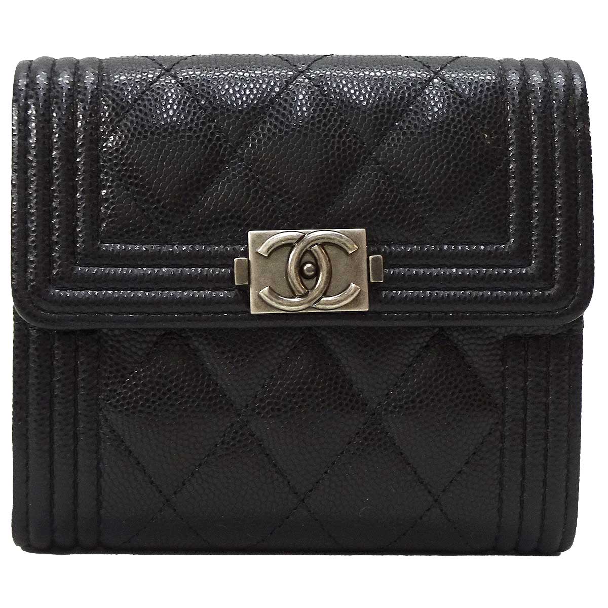 CHANEL Tri-fold wallet BOY CHANEL Small Flap Noir (Black) Graind Calf(Caviarskin) Antique Silver HW A80734[EXCELLENT][Authentic]