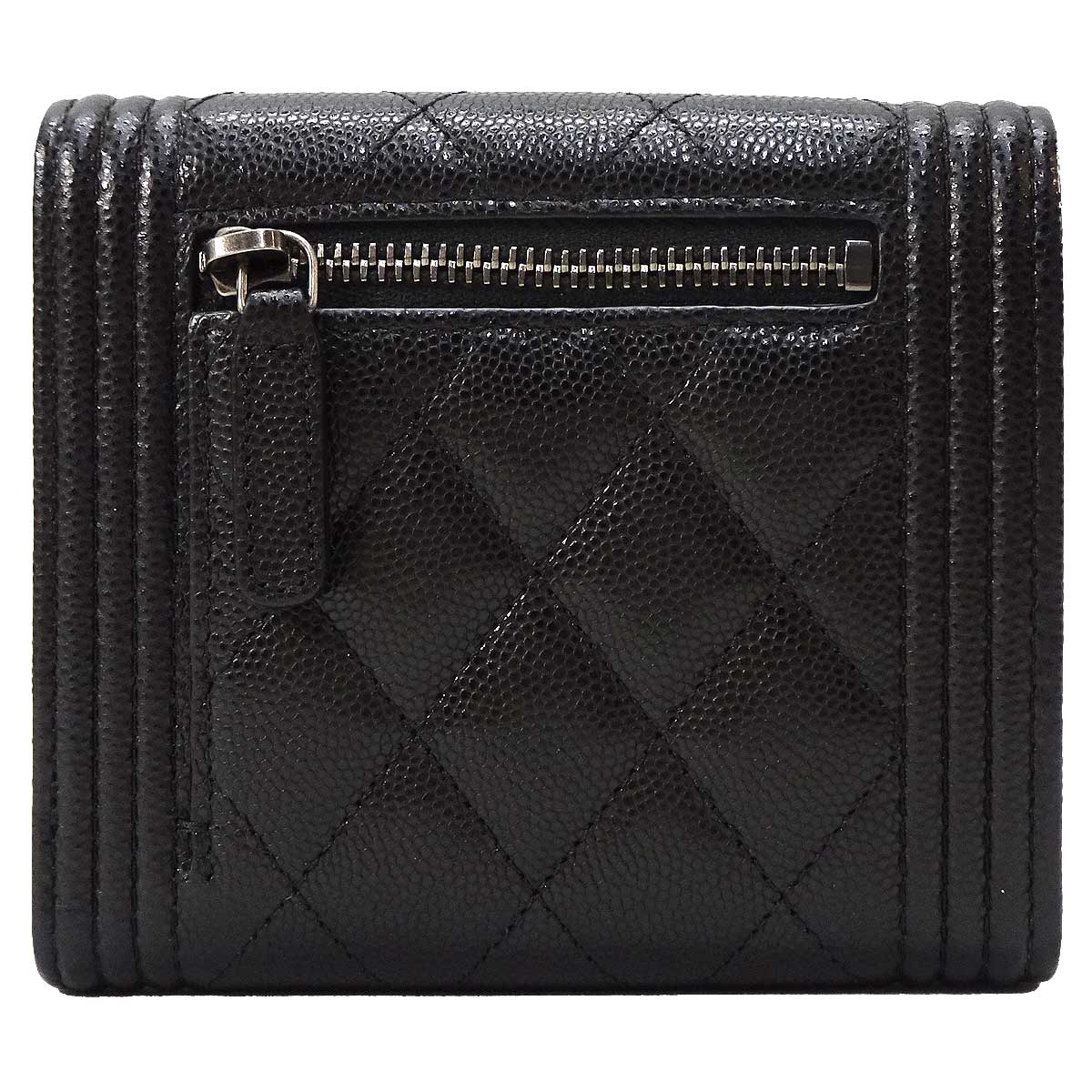 CHANEL Tri-fold wallet BOY CHANEL Small Flap Noir (Black) Graind Calf(Caviarskin) Antique Silver HW A80734[EXCELLENT][Authentic]