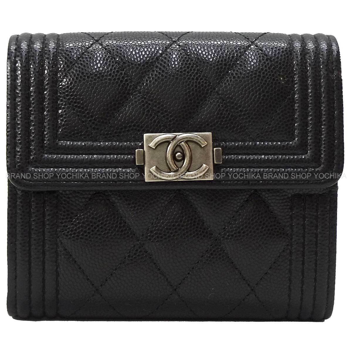 CHANEL Tri-fold wallet BOY CHANEL Small Flap Noir (Black) Graind Calf(Caviarskin) Antique Silver HW A80734[EXCELLENT][Authentic]