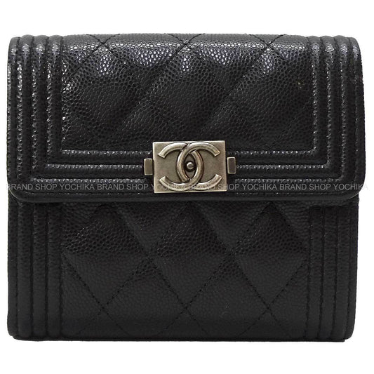 CHANEL Tri-fold wallet BOY CHANEL Small Flap Noir (Black) Graind Calf(Caviarskin) Antique Silver HW A80734[EXCELLENT][Authentic]