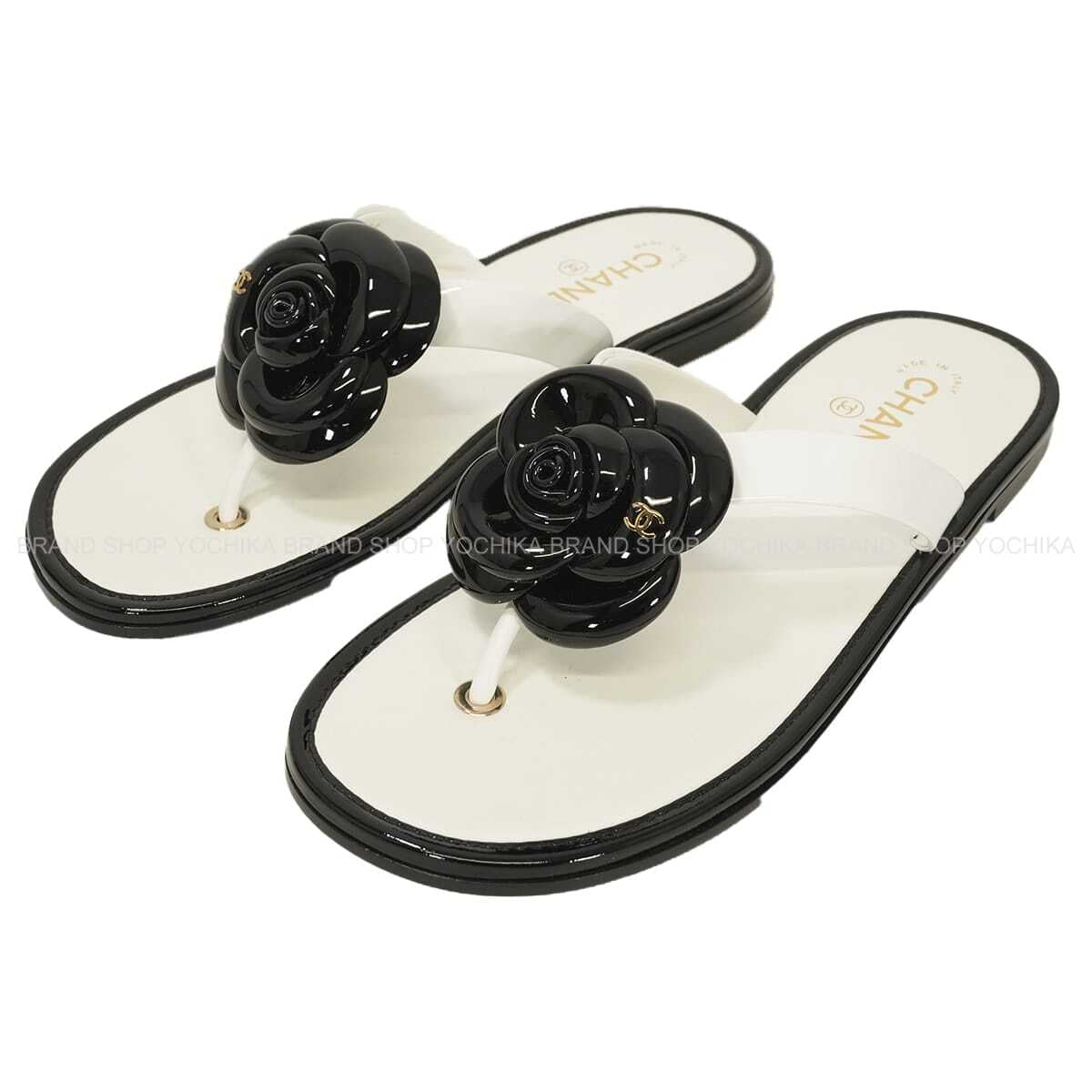 2025/26 Cruise Collection CHANEL sandals Camellia CC Logo Thong Blanc (White)/Noir (Black) Patent Calfskin #39 Gold HW G46988[EXCELLENT][Authentic]
