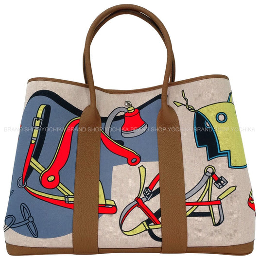 HERMES tote bag Garden Party 49 GM Voyage Dance Floor au Faubourg Gris Misty/Jaune Citron/Ecru/Beige/Alezan Toile H Plume/Veau Negonda Silver HW Stamp W[EXCELLENT][Authentic]