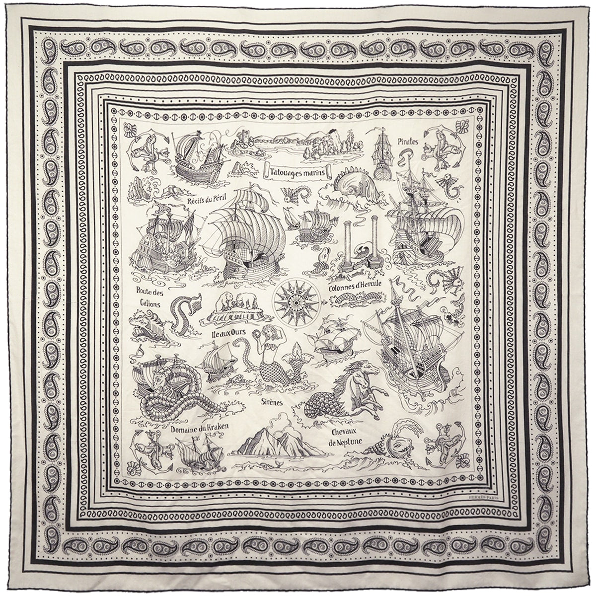 [Pre-loved] HERMES scarf Carre 140 Tatouages Marins Bandana Blanc (White)/Noir (Black) Cashmere70% / Silk30%[USED SA][Authentic]