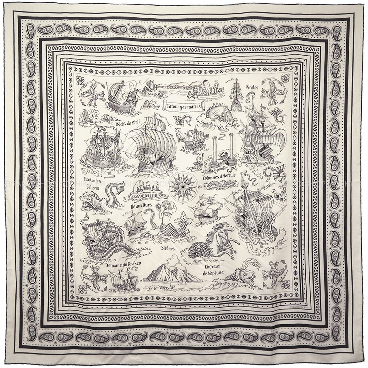 [Pre-loved] HERMES scarf Carre 140 Tatouages Marins Bandana Blanc (White)/Noir (Black) Cashmere70% / Silk30%[USED SA][Authentic]