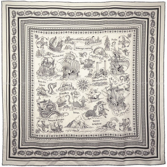[Pre-loved] HERMES scarf Carre 140 Tatouages Marins Bandana Blanc (White)/Noir (Black) Cashmere70% / Silk30%[USED SA][Authentic]