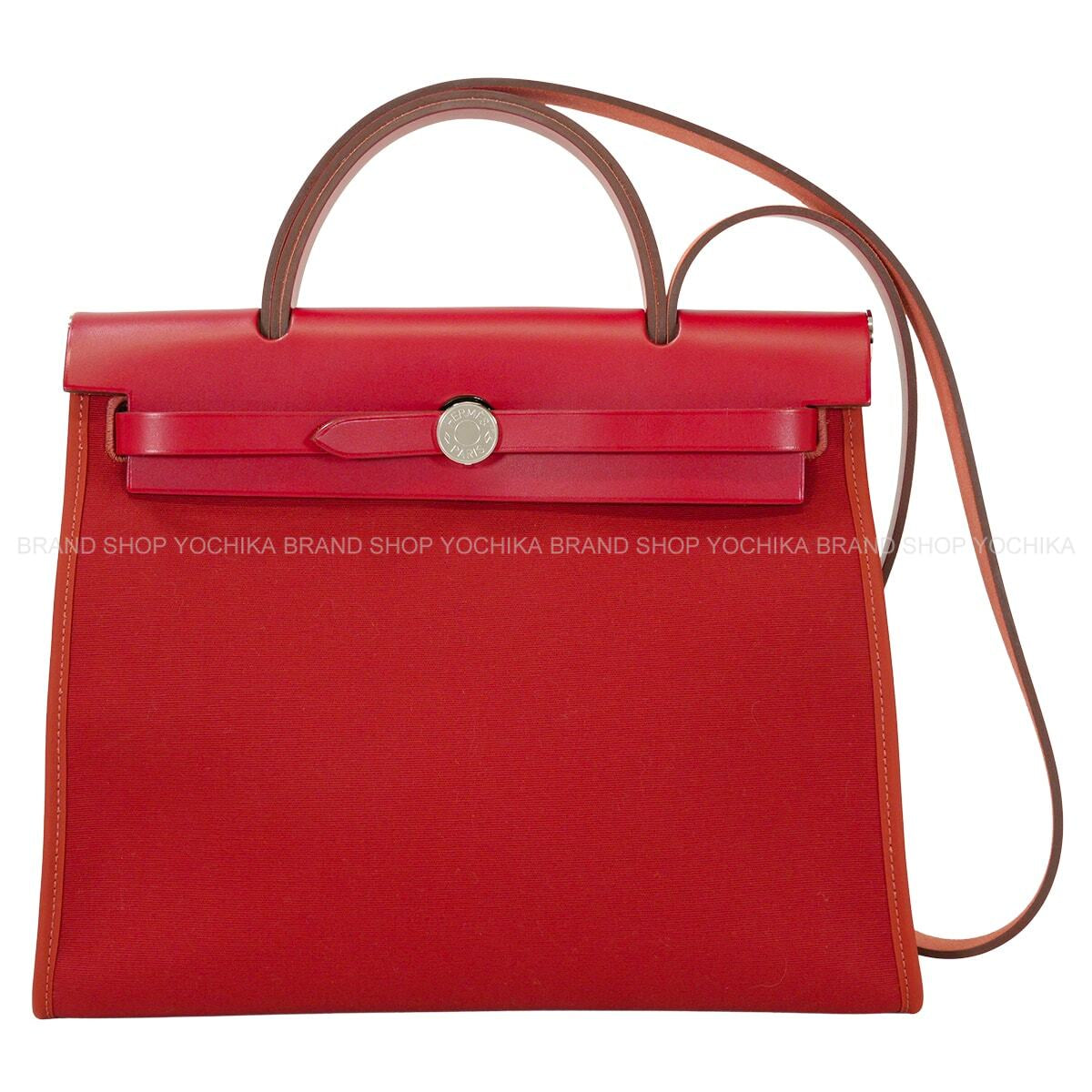 HERMES Shoulder bag HerBag Zip 31 PM Rose Mexicoe/Rouge Piment/Terre Battue Toile officier/Vache Hunter Silver HW Stamp U[EXCELLENT][Authentic]