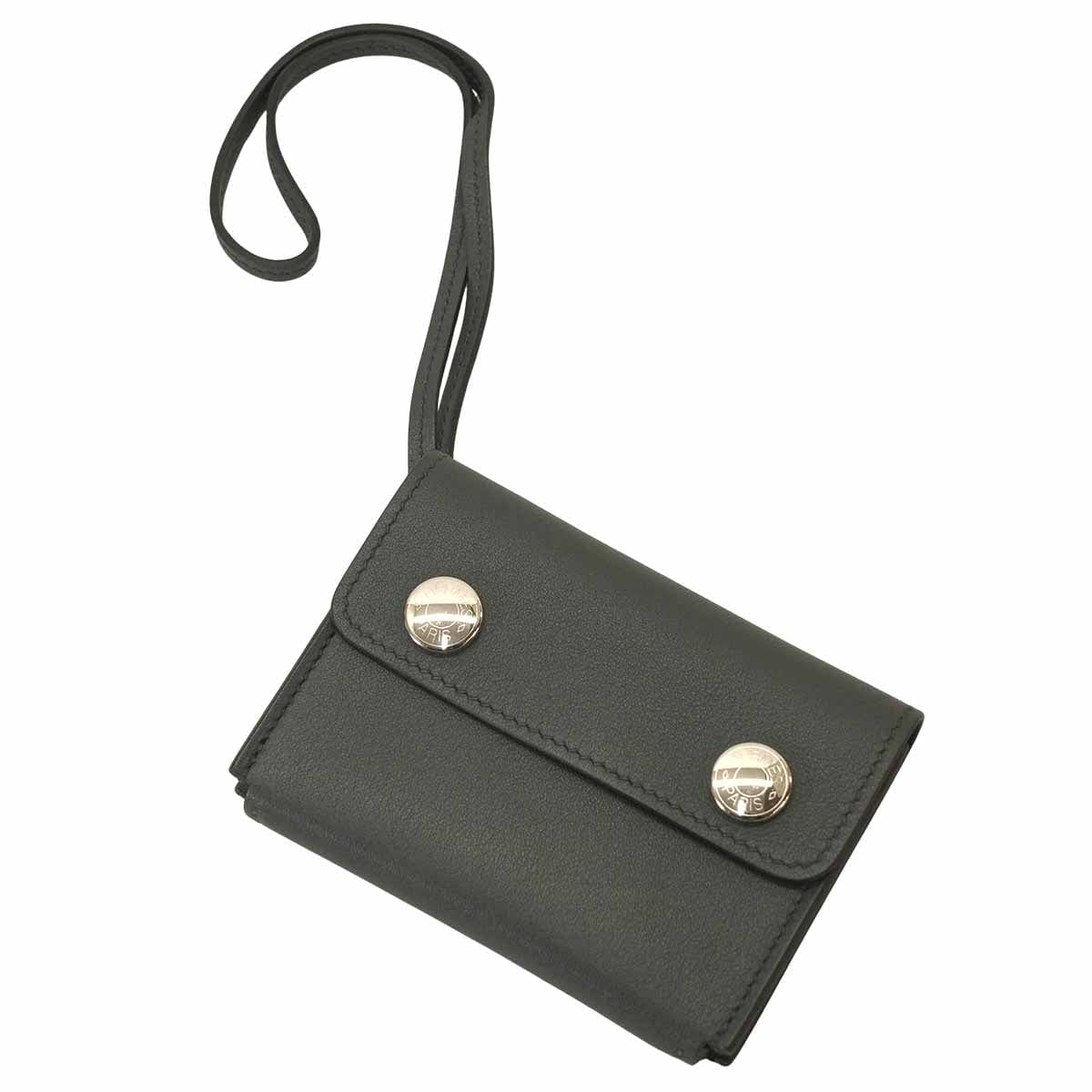 [Pre-loved] HERMES card holder Hermesnap Gris Misty Veau Swift Silver HW Stamp W[LIKE NEW][Authentic]