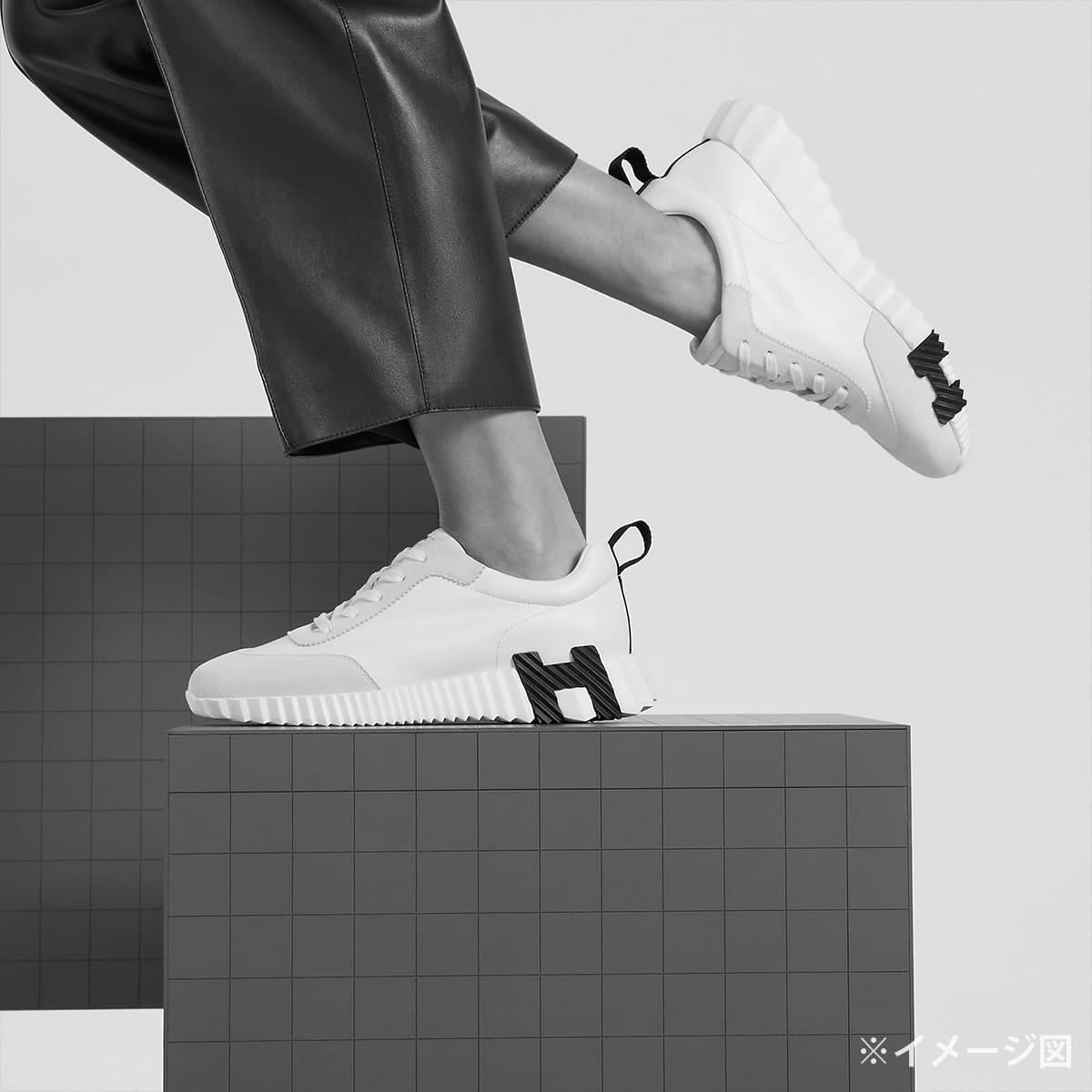HERMES sneakers Ladies Bouncing Blanc (White)/Noir (Black) Calfskin Chevre Velours #38[EXCELLENT][Authentic]
