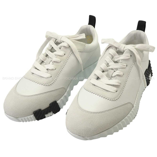 HERMES sneakers Ladies Bouncing Blanc (White)/Noir (Black) Calfskin Chevre Velours #38[EXCELLENT][Authentic]