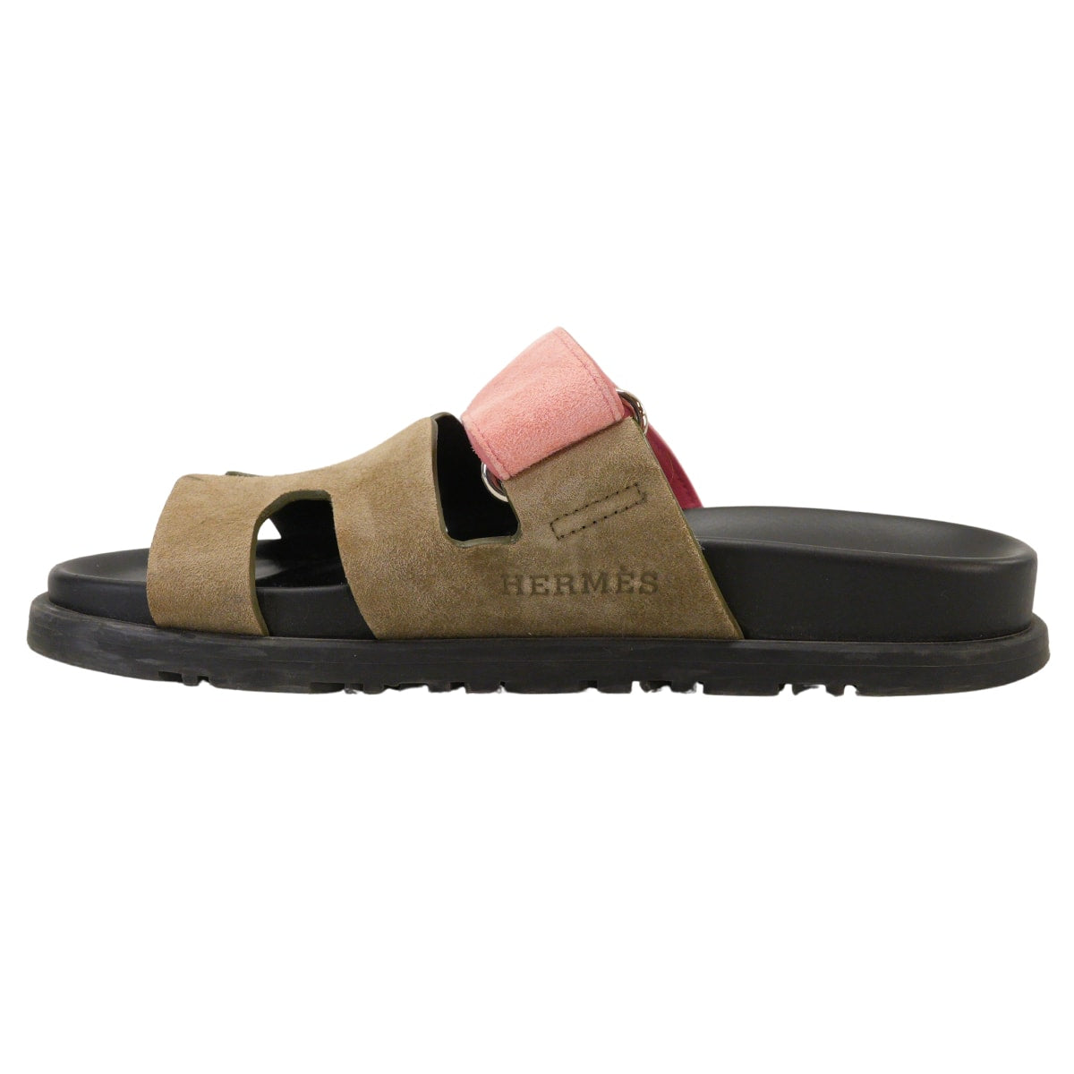 [Pre-loved] HERMES sandals Ladies Chypre Kaki/Pink/Noir (Black) Suede/Rubber #34 Silver HW[USED SA][Authentic]