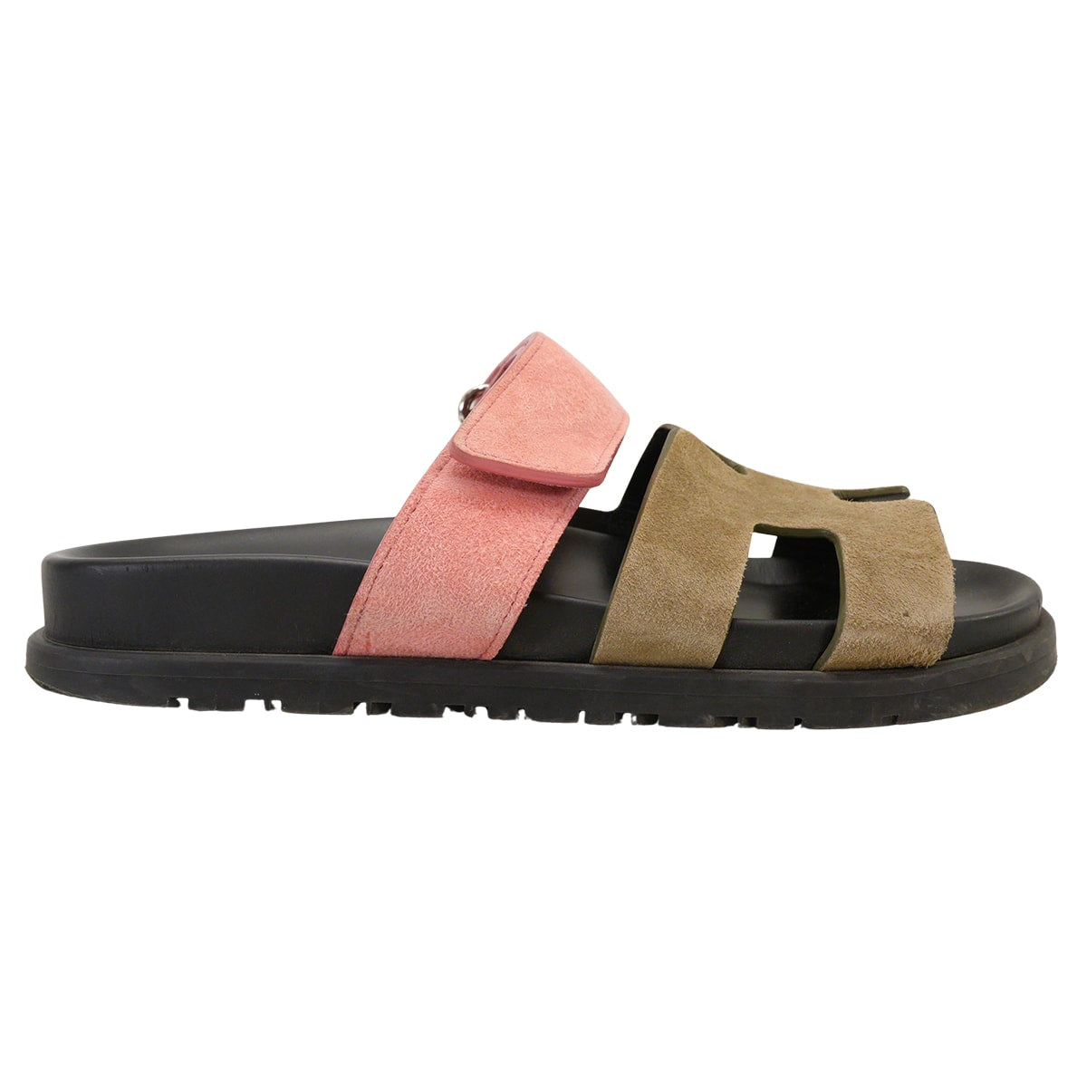 [Pre-loved] HERMES sandals Ladies Chypre Kaki/Pink/Noir (Black) Suede/Rubber #34 Silver HW[USED SA][Authentic]