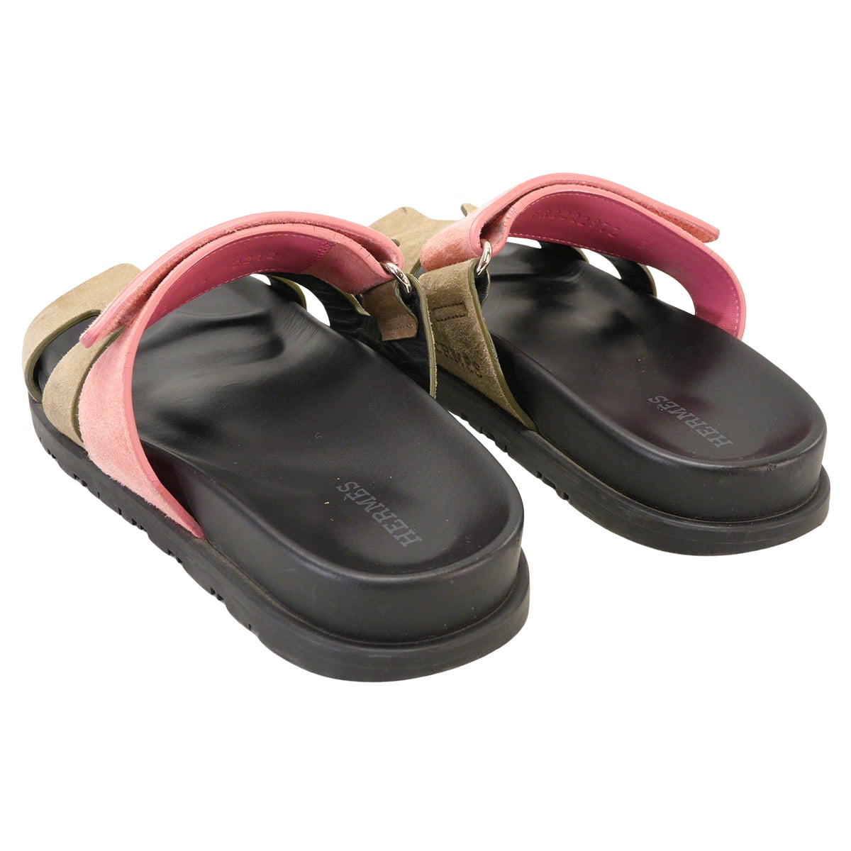 [Pre-loved] HERMES sandals Ladies Chypre Kaki/Pink/Noir (Black) Suede/Rubber #34 Silver HW[USED SA][Authentic]