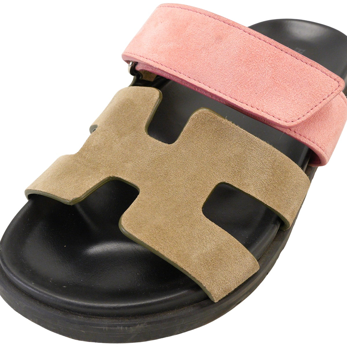 [Pre-loved] HERMES sandals Ladies Chypre Kaki/Pink/Noir (Black) Suede/Rubber #34 Silver HW[USED SA][Authentic]