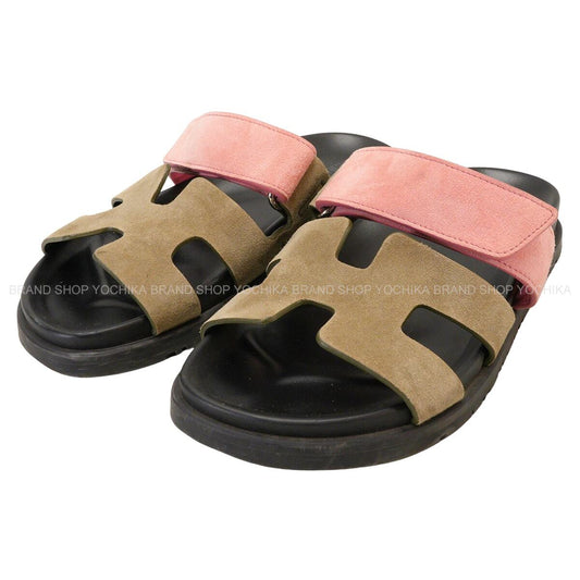 [Pre-loved] HERMES sandals Ladies Chypre Kaki/Pink/Noir (Black) Suede/Rubber #34 Silver HW[USED SA][Authentic]