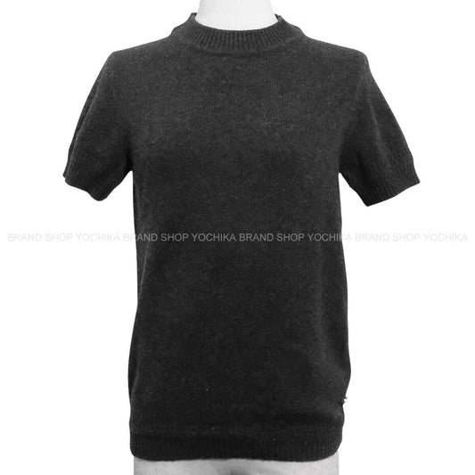 HERMES Knit Short Sleeve Sellier buttons Grey Cashmere #34 Silver HW[EXCELLENT][Authentic]