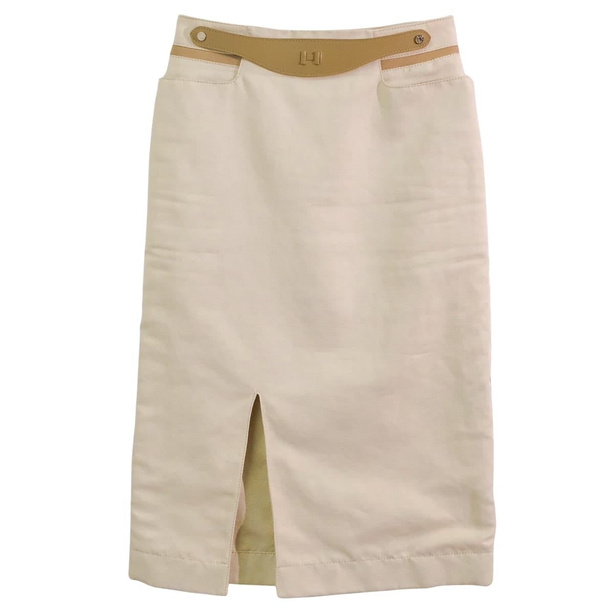 [Pre-loved] HERMES skirt Tight Slit Sellier button H Buckle Beige Cotton/Linen/Calfskin #34 Silver HW[LIKE NEW][Authentic]