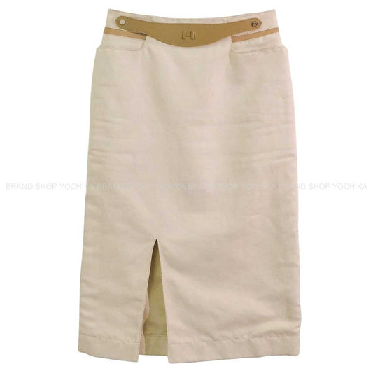 [Pre-loved] HERMES skirt Tight Slit Sellier button H Buckle Beige Cotton/Linen/Calfskin #34 Silver HW[LIKE NEW][Authentic]