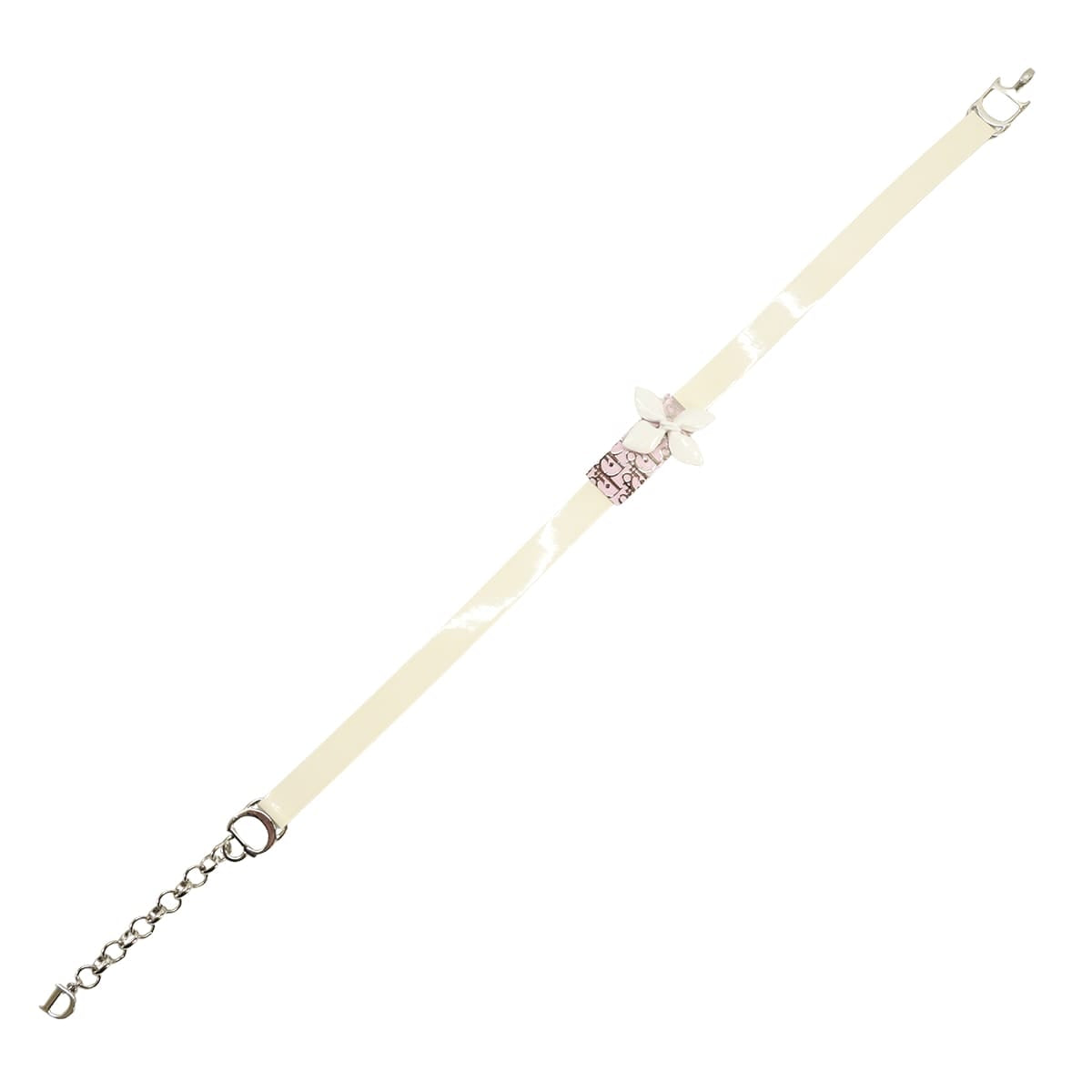 Dior choker Vintage Flower Trotter Blanc (White)/Pink Patent Enamel Leather Silver HW[EXCELLENT][Authentic]
