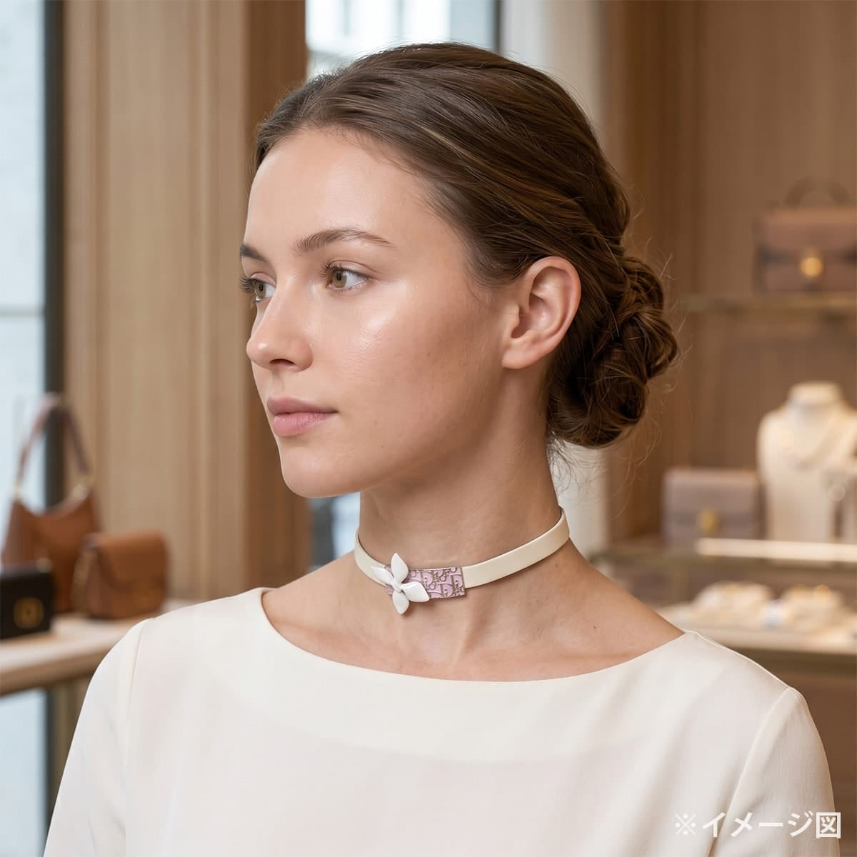 Dior choker Vintage Flower Trotter Blanc (White)/Pink Patent Enamel Leather Silver HW[EXCELLENT][Authentic]
