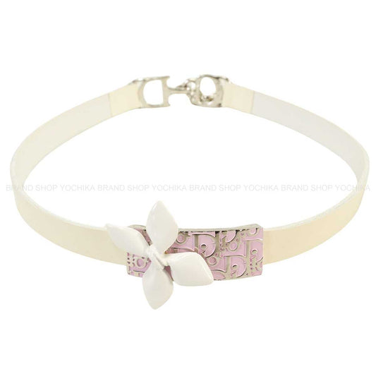 Dior choker Vintage Flower Trotter Blanc (White)/Pink Patent Enamel Leather Silver HW[EXCELLENT][Authentic]