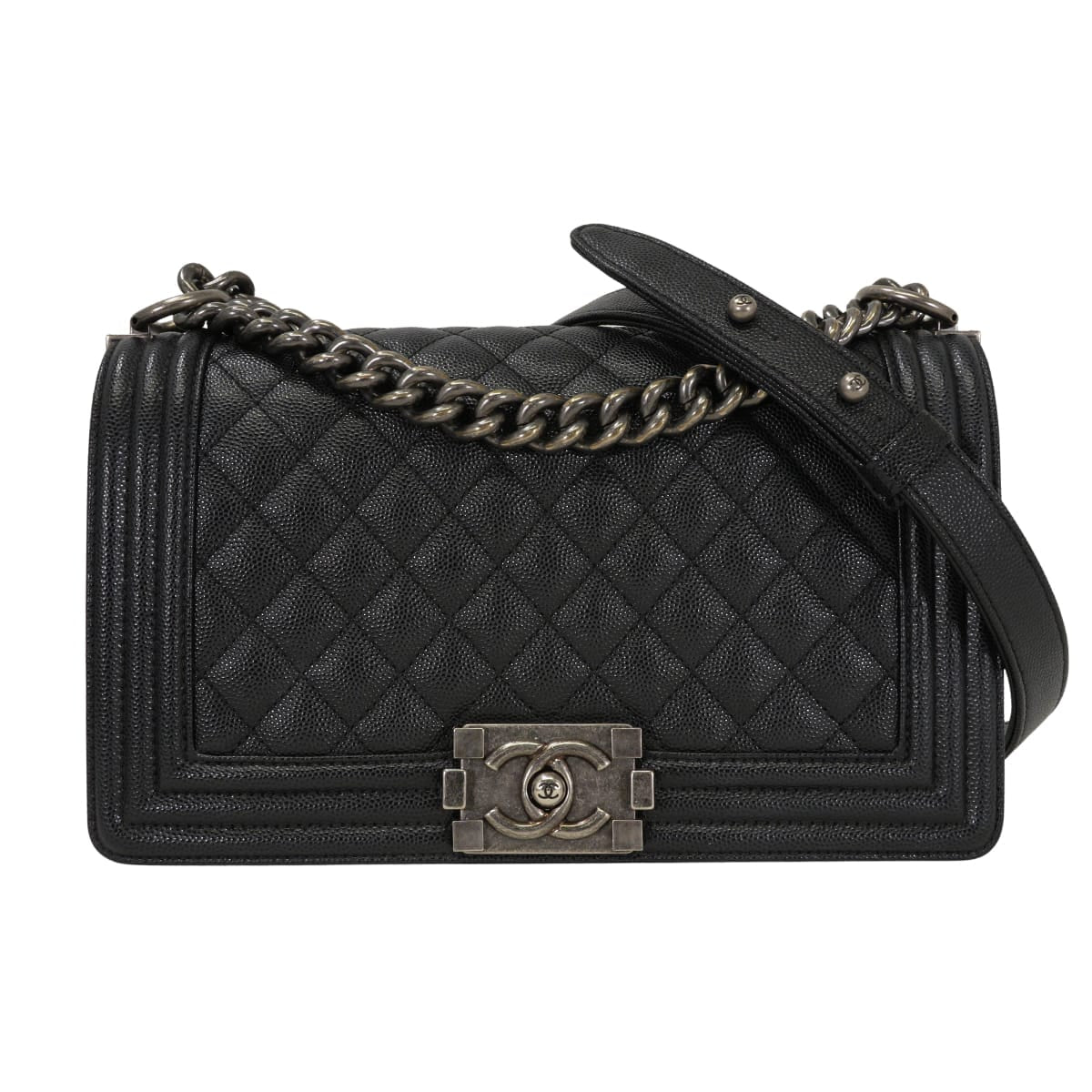 [Pre-loved] CHANEL Shoulder bag Boy Chanel 25 Matelasse Chain Noir (Black) Graind Calf(Caviarskin) Antique matte Silver hardware A67086[USED SA][Authentic]