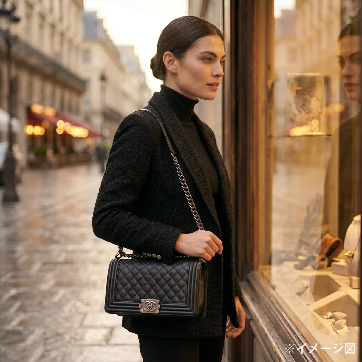 [Pre-loved] CHANEL Shoulder bag Boy Chanel 25 Matelasse Chain Noir (Black) Graind Calf(Caviarskin) Antique matte Silver hardware A67086[USED SA][Authentic]