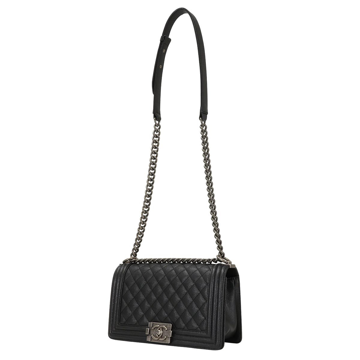 [Pre-loved] CHANEL Shoulder bag Boy Chanel 25 Matelasse Chain Noir (Black) Graind Calf(Caviarskin) Antique matte Silver hardware A67086[USED SA][Authentic]
