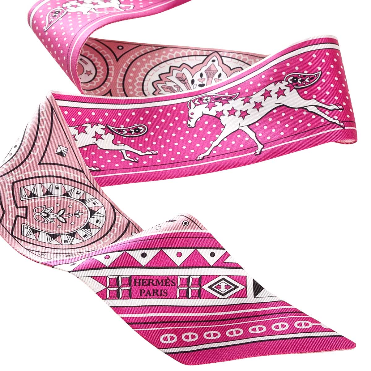 HERMES scarf Twilly Cheval de Coeur Bandana FuchsiaVieux Rose/Blanc (White) Silk100% H064259S 06[BRAND NEW][Authentic]