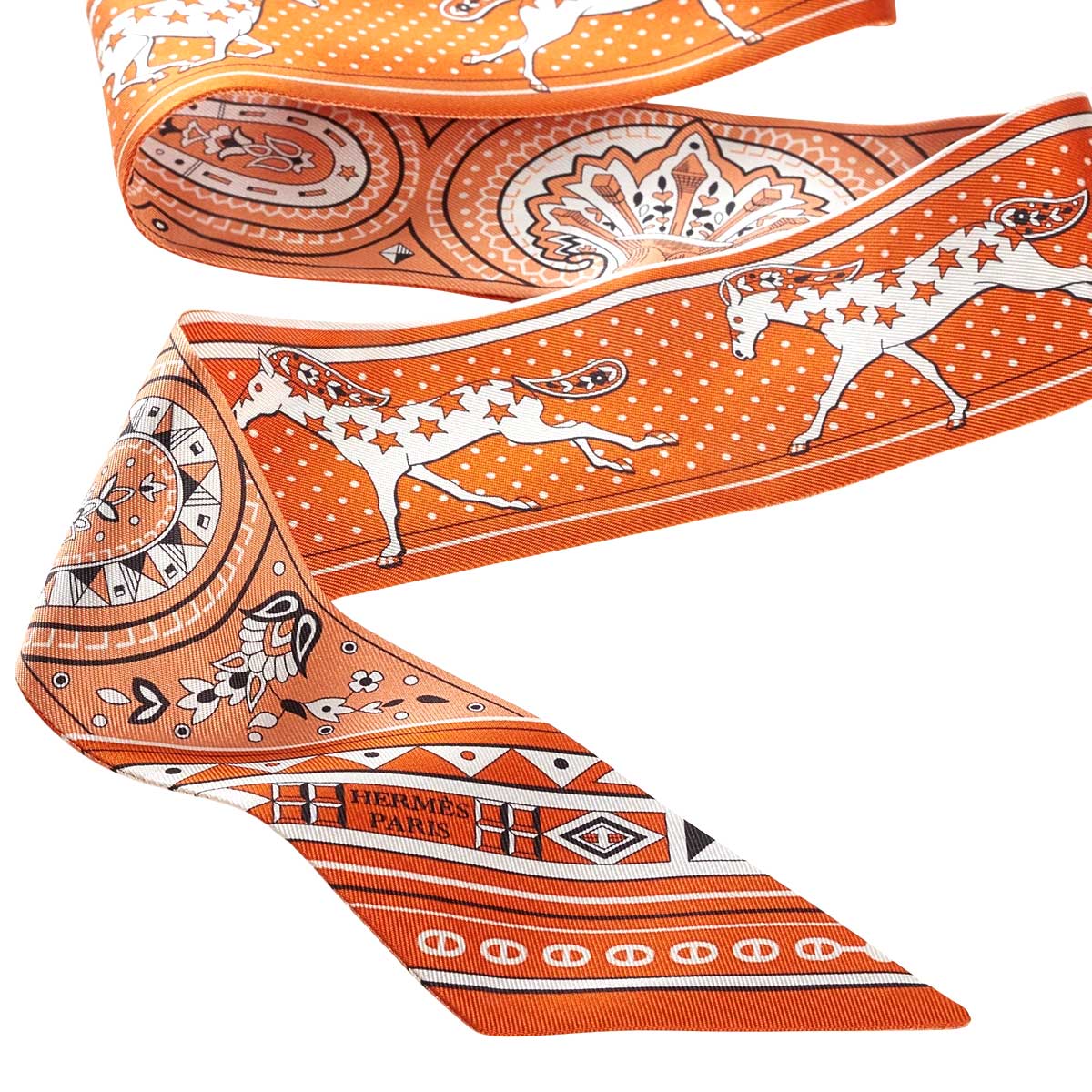 HERMES scarf Twilly Cheval de Coeur Bandana Orange/Apricot/Blanc (White) Silk100% H064259S 05[BRAND NEW][Authentic]