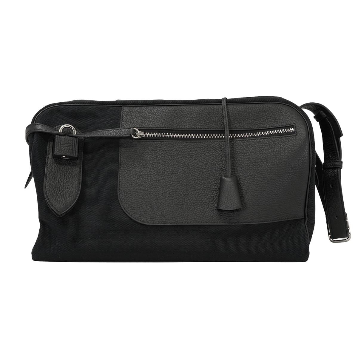 HERMES Shoulder bag Long Courrier Noir (Black) Toile Goeland/Taurillon Clemence Silver HW Stamp B[EXCELLENT][Authentic]