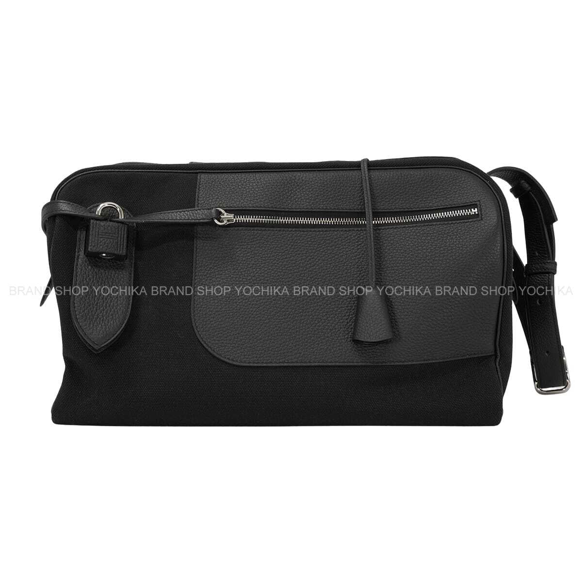 HERMES Shoulder bag Long Courrier Noir (Black) Toile Goeland/Taurillon Clemence Silver HW Stamp B[EXCELLENT][Authentic]