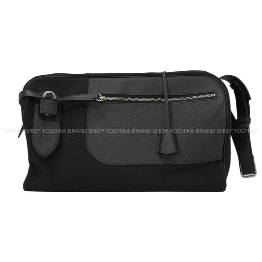 HERMES Shoulder bag Long Courrier Noir (Black) Toile Goeland/Taurillon Clemence Silver HW Stamp B[EXCELLENT][Authentic]