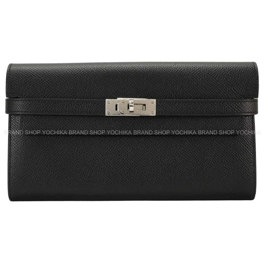 HERMES long wallet Kelly Wallet long Classic Noir (Black) Veau Epsom Silver HW Stamp C[EXCELLENT][Authentic]
