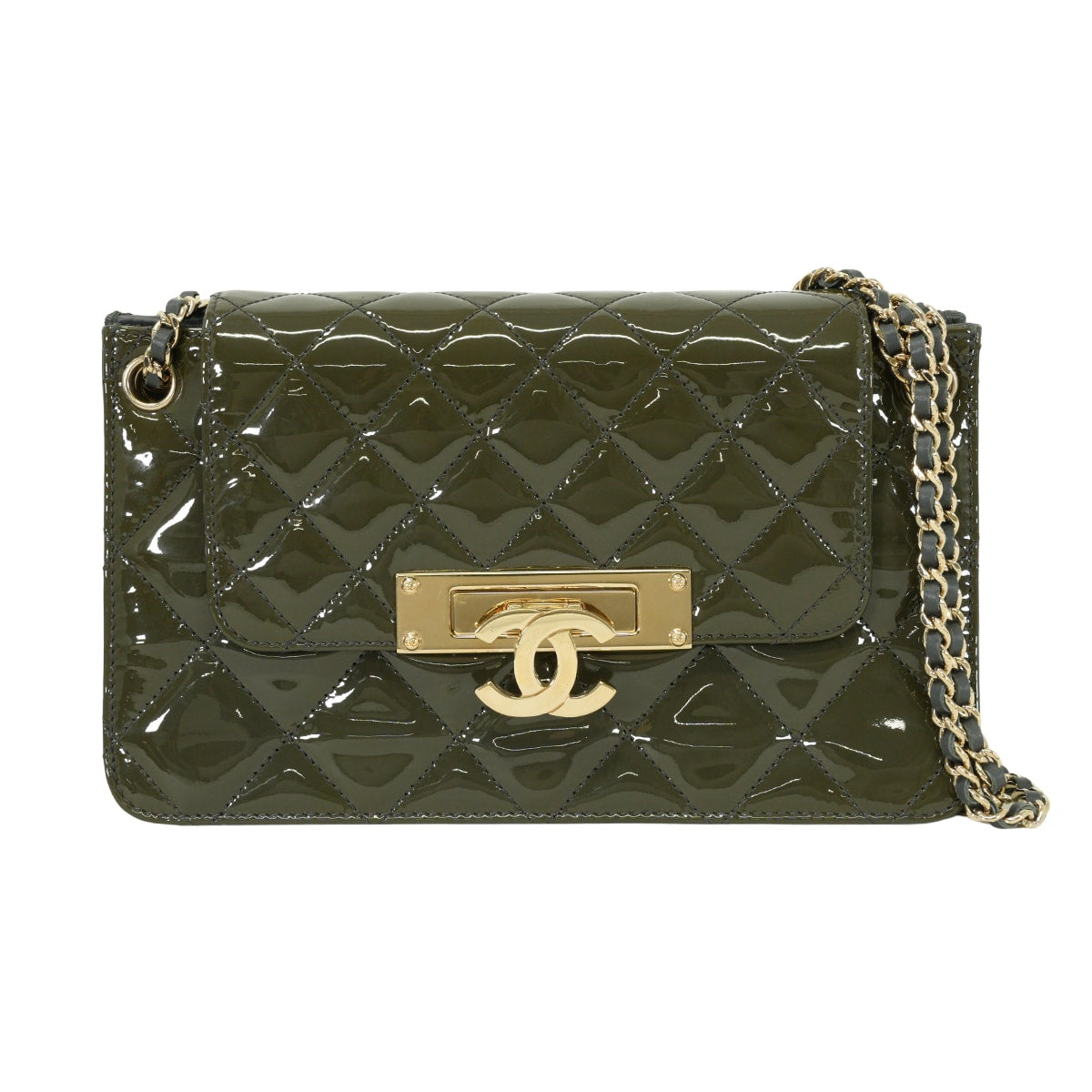 [Pre-loved] CHANEL Shoulder bag Matelasse COCO Mark Accordion Flap ChainKhaki/Gray Patent leather/lambskin Silver HW[USED SA][Authentic]