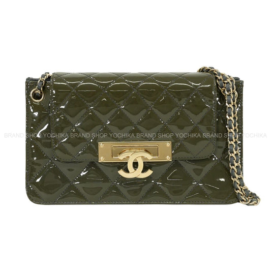 [Pre-loved] CHANEL Shoulder bag Matelasse COCO Mark Accordion Flap ChainKhaki/Gray Patent leather/lambskin Silver HW[USED SA][Authentic]
