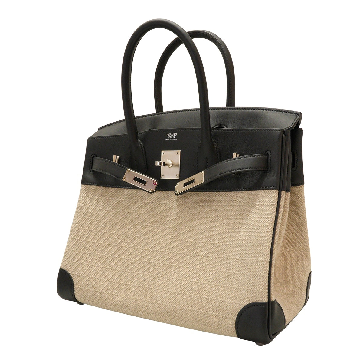 HERMES Handbag Birkin30 Noir (Black)/Ficelle Veau Swift/Toile Bivouac canvas Silver HW Stamp W[EXCELLENT][Authentic]
