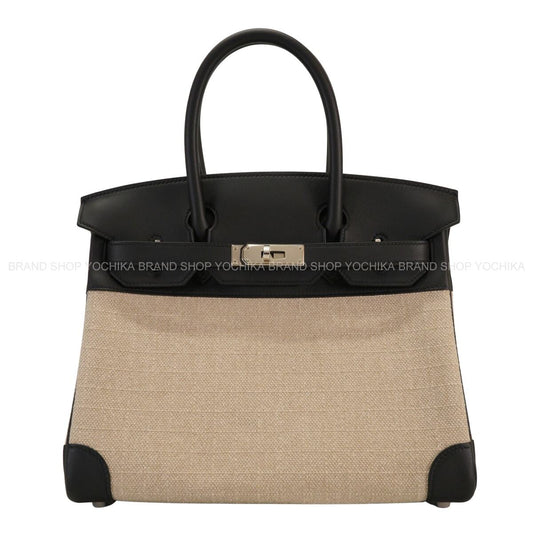 HERMES Handbag Birkin30 Noir (Black)/Ficelle Veau Swift/Toile Bivouac canvas Silver HW Stamp W[EXCELLENT][Authentic]