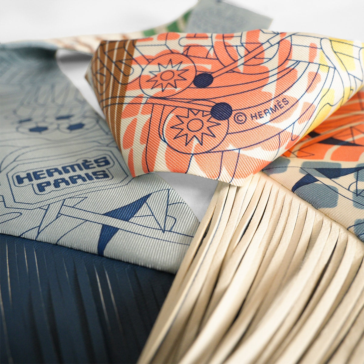 HERMES scarf Twilly Fringe AU BLOCMulticolor Silk100%/Veau Swift[EXCELLENT][Authentic]