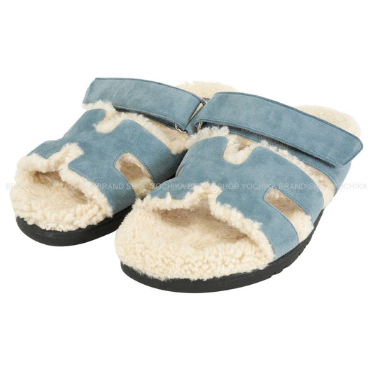 [Pre-loved] HERMES sandals ChypreBleu Pinede Chevre Velours/Sheepskin #38[LIKE NEW][Authentic]