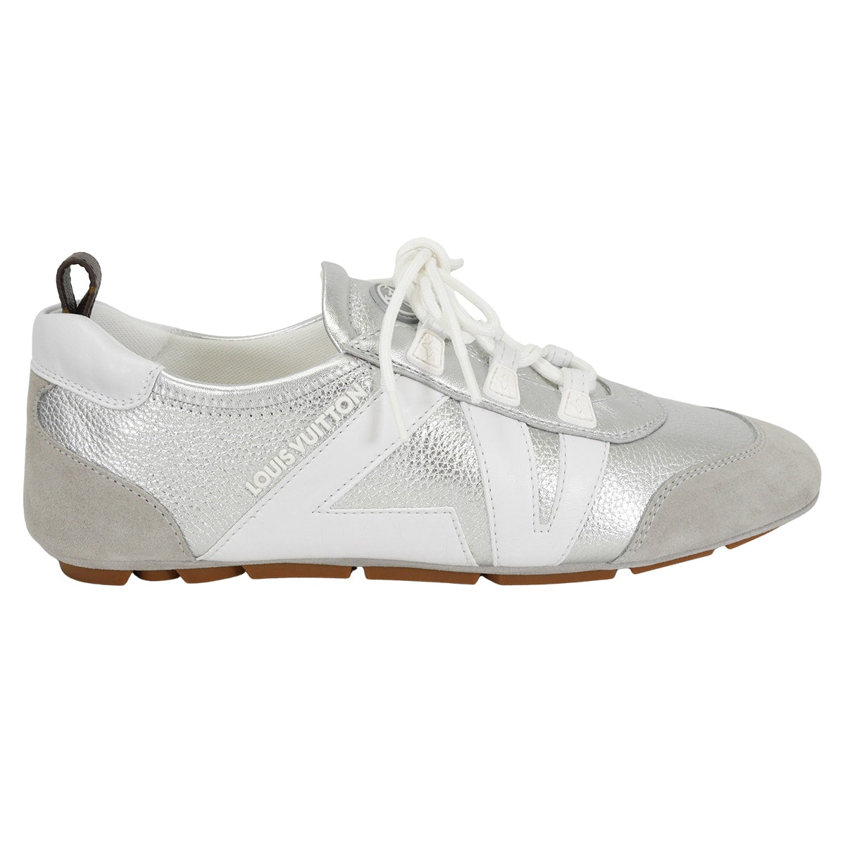 LOUIS VUITTON sneakers Sneakerina Monogram Silver Metallic Grained Calf #38.5 1AHOJA[ALMOST NEW][Authentic]