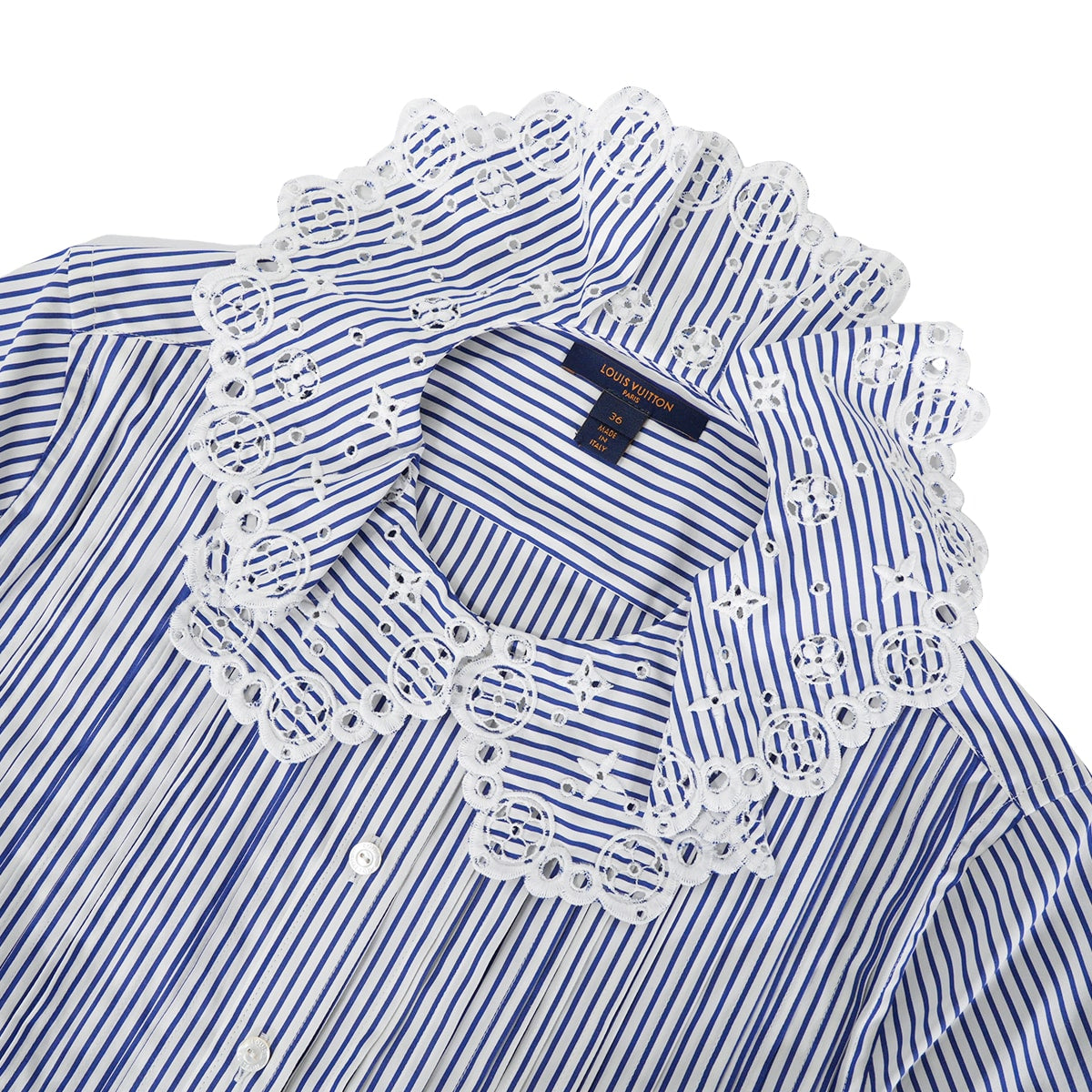 2022SS LOUIS VUITTON Blouse Monogram Stripe Peter Pan Collar Bayadere Blanc (White)/Blue Cotton #36 1A9021[EXCELLENT][Authentic]